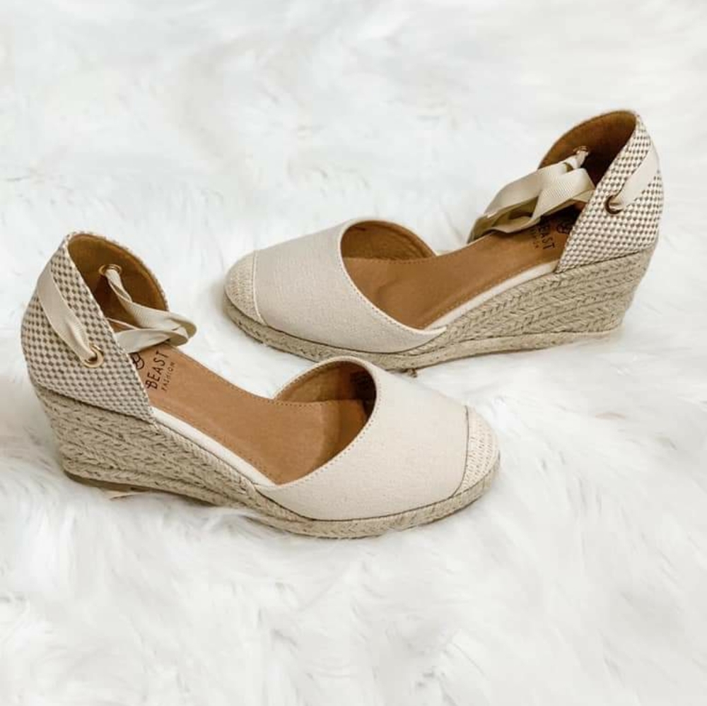 Tan canvas wedges